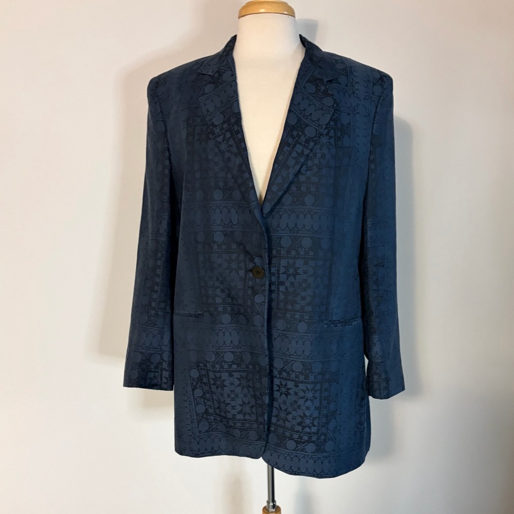 Armani navy sheer geometric design jacquard jacket